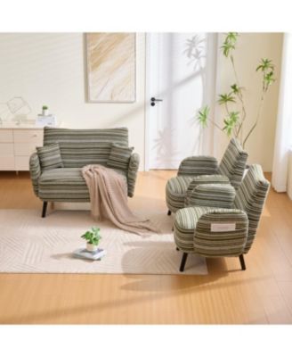 Modern two-seater sofa with armrests, pillows, and storage pockets.