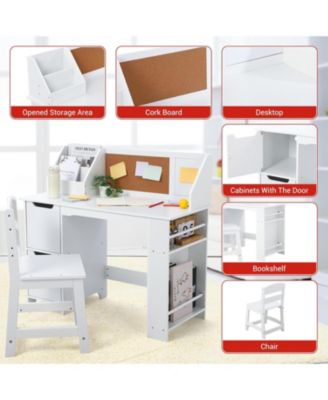 Kids Study Desk and Chair Set, Wooden Learning Table with Storage, Hutch and Bulletin Board for Home or School