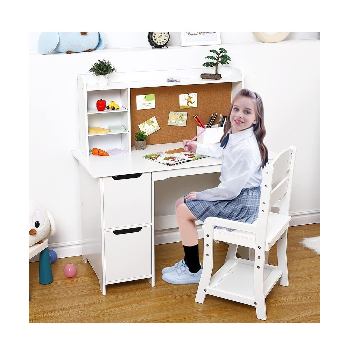 Gaomon Kids Study Desk and Chair Set, Wooden Desk with Bookshelf, Bulletin Board and Storage for Home or School