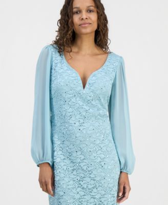 Petite Sequined Lace Blouson-Sleeve Dress