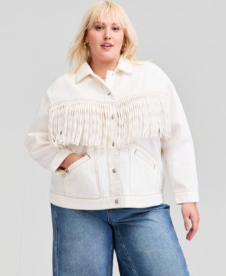 Trendy Plus Size Fringe-Trim Cotton Denim Jacket