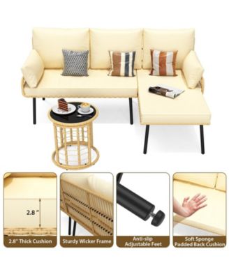 3-Piece L-Shaped Patio Set, Outdoor Sectional Sofa with Cushions & Glass Table for Garden or Backyard