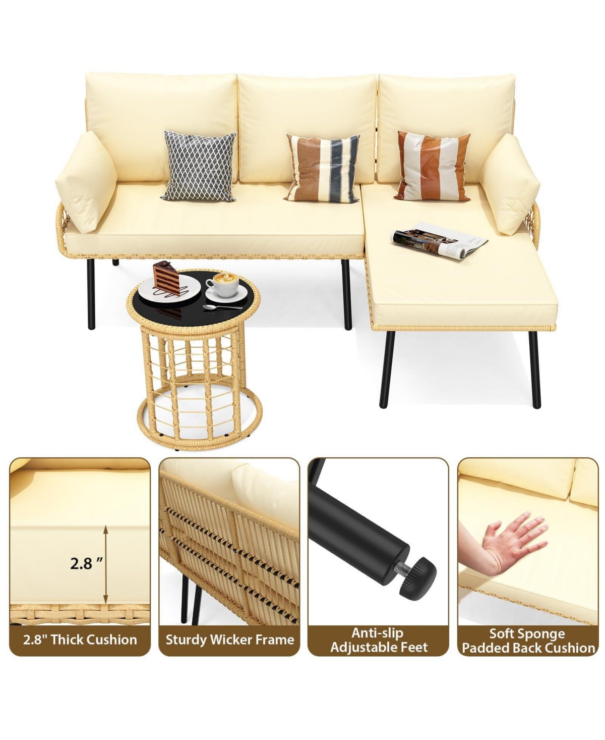 Gaomon 3-Piece L-Shaped Patio Set, Outdoor Sectional Sofa with Cushions & Glass Table for Garden or Backyard