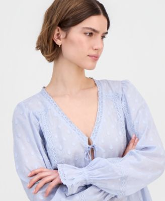 Women's Cotton Lace-Trim Tie-Front Top