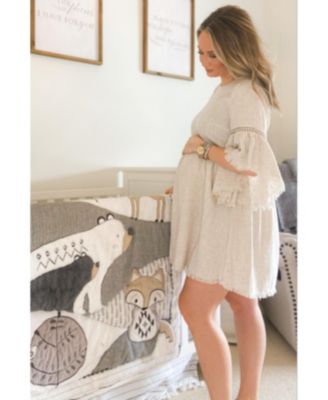 Beige Raw Edge Bell Sleeve Babydoll Maternity Dress