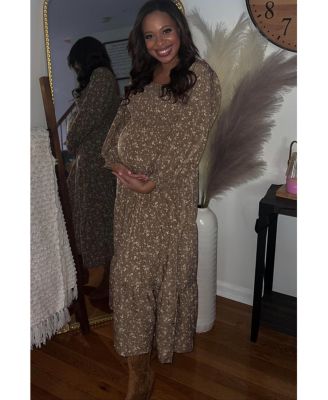 Maternity Cream Floral Smocked Long Sleeve Maxi Dress