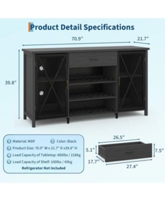 71in Wine Bar Cabinet, Modern Buffet Cabinet with Storage Drawer and Adjustable Shelf, Industrial Coffee Bar Table