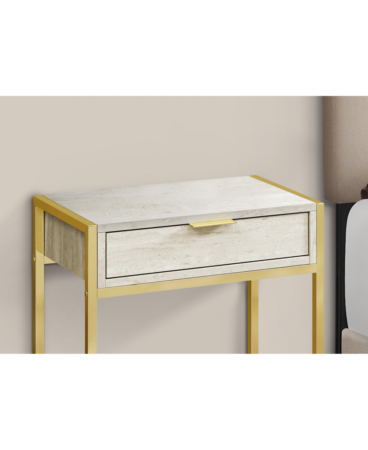 Lovmor Accent Table, Side, End, Nightstand, Lamp, Storage Drawer, Living Room, Bedroom, Beige Marble Look Laminate, Gold Metal, Contemporary, Modern