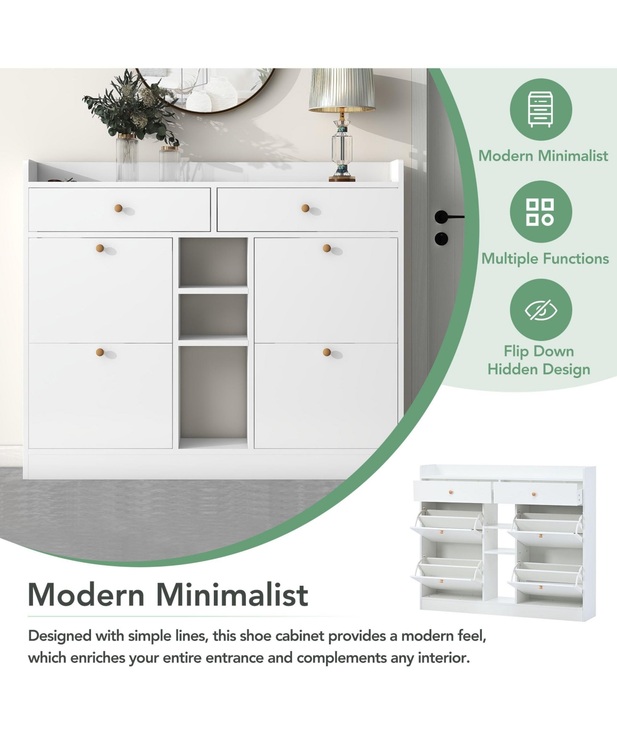 Lovmor Modern Shoe Cabinet with Pull Down Drawers 19 Pair Storage
