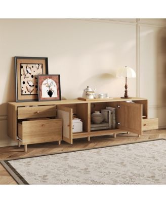 TV Stand for 65 to 85 Inch TV with Open Storage and Drawers, Modern Wood Media Console with Real Rattan