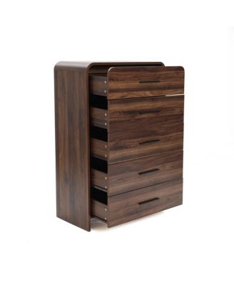 Modern Walnut Finish 5-Drawer Chest, Engineered Wood Storage Dresser with Rounded Corners