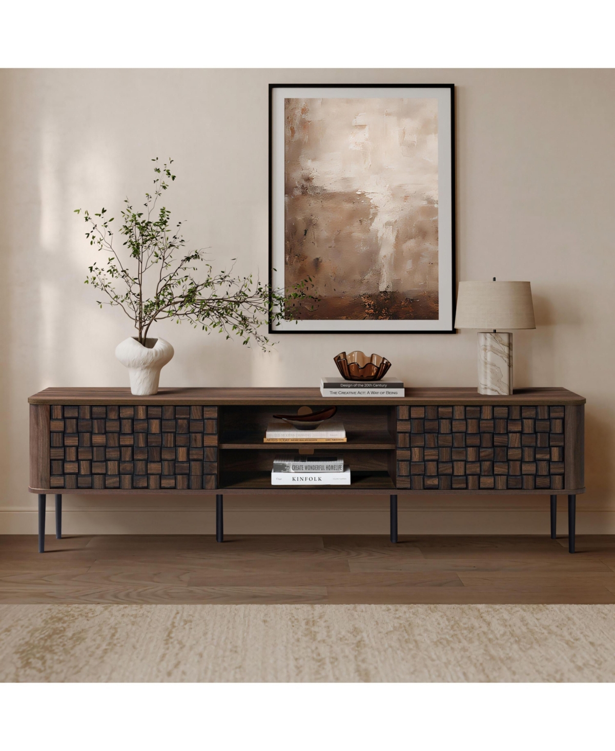 LuxenHome Dark Oak with Basket Weave Design Manufactured Wood 2-Sliding Door Tv Console Cabinet