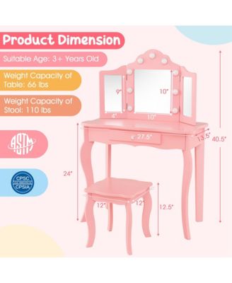 Kid Vanity Table Stool Set Tri-Folding Mirror Adjustable 3-Color LED