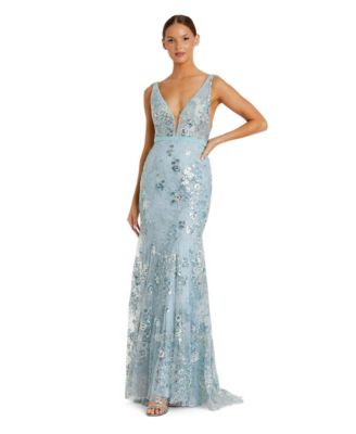 Women's Floral Embellished Sleeveless Plunge Neck Gown