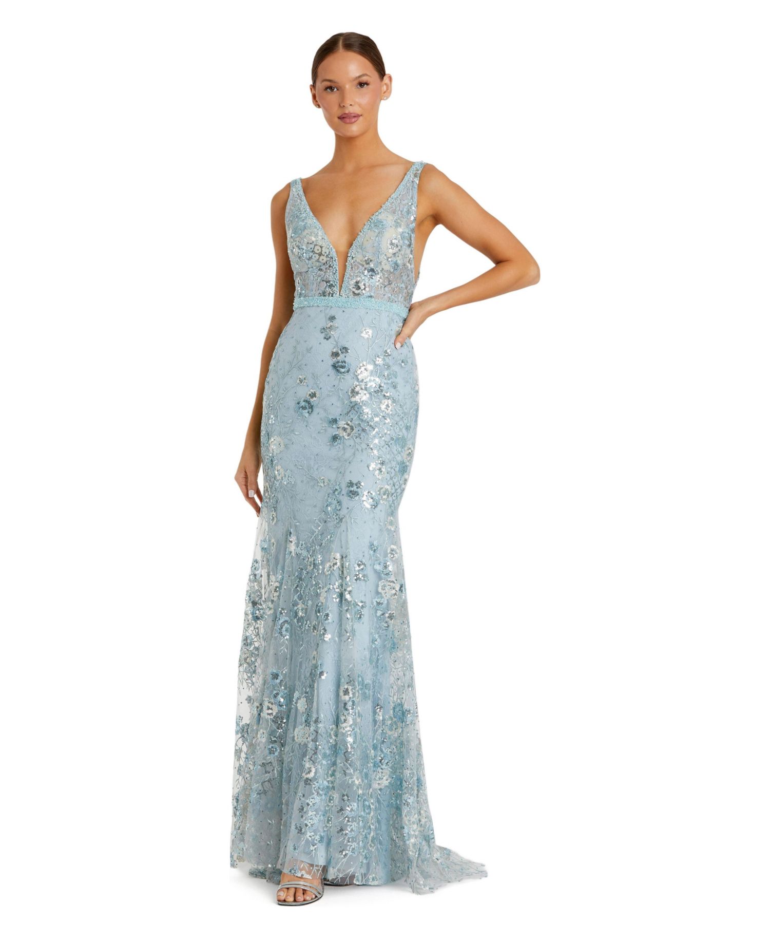 Women's Floral Embellished Sleeveless Plunge Neck Gown