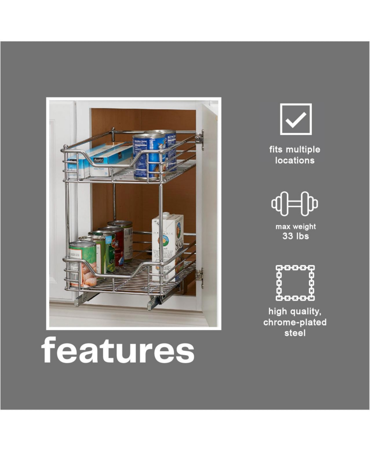 Household Essentials Glidez 11.5" W Steel Pull-Out Storage Organizer, 2-Tier Design, Chrome