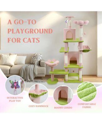 71 Pink Flower Cat Tree Large Condo Removable Cushion Hammock