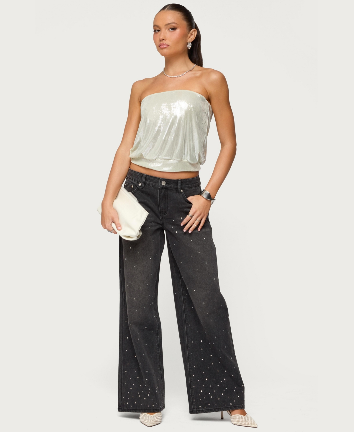 Edikted Women's Leira Silky Sparkly Strapless Top