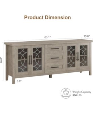 Farmhouse TV Stand for 70" TVs, Mid-Century Console with Glass Door, 2 Doors, 3 Drawers and Shelves