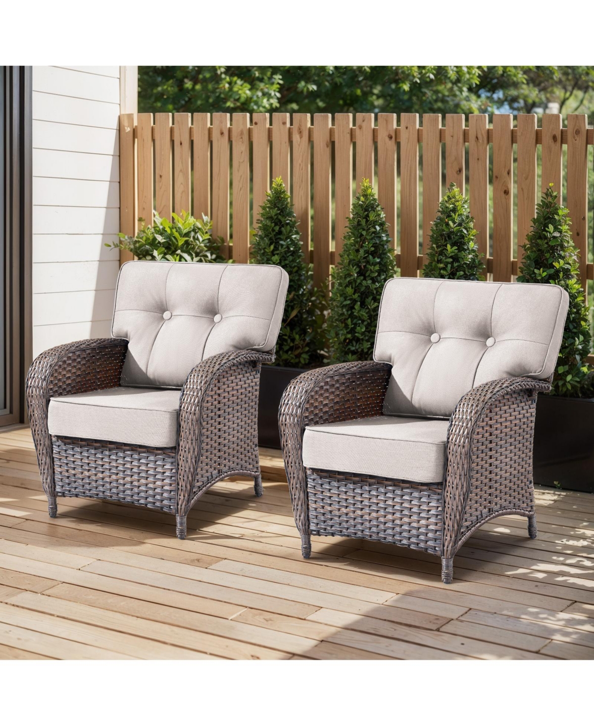 Gymojoy T-Frame Brown Wicker Outdoor Lounge Chairs with Olefin 5 In. Thick Cushions 2-Pack）