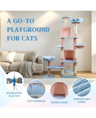 71" Blue Floral Cat Tree - Large Condo & Hammock