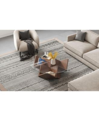 Round Coffee Table with Glass Top & Art Deco Base, Walnut, 35.4