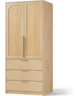 Armoire Wardrobe Closet with 3 Drawers and 2 Doors, Modern Tall Wooden Wardrobe Cabinet for Hanging Clothes, Bedroom Storage Organizer