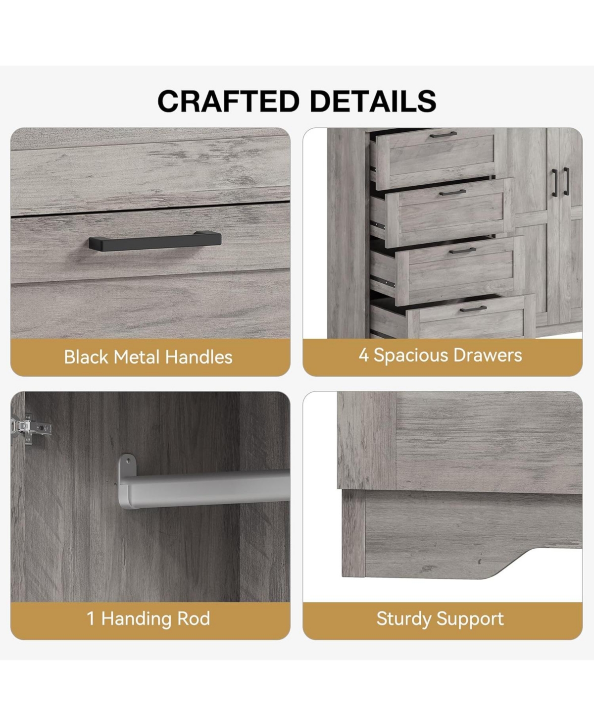 gaomon 43.3" Armoire Wardrobe Closet with 4 Drawers and 2 Doors, Wooden Dresser Hanging Rod, Multifunctional Storage Cabinet for Bedroom