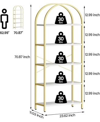 Arched 5-Tier Bookshelf, Modern Bookcase with Gold Metal Frame, Tall Wood Storage Shelf for Living Room, Bedroom, Home Office, Easy Assembly