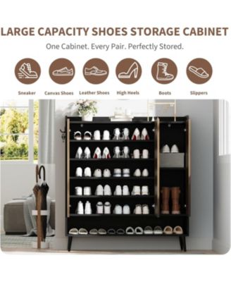 Large 6-Tier Shoe Cabinet with 3 Doors, Handleless Shoe Organizer with Hooks, Freestanding Entryway Storage Cabinet