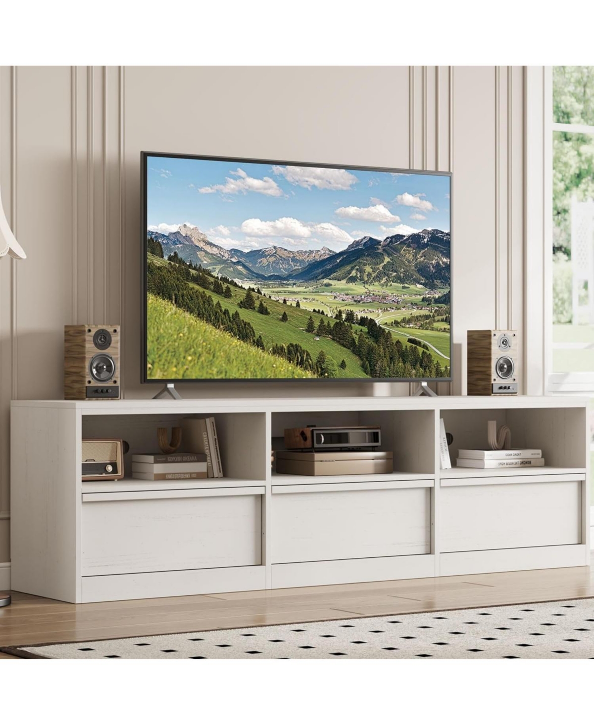 gaomon 70" Tv Stand for TVs up to 85", Mid Century Modern Entertainment Center with Drawer, Open Shelves & Cable Management