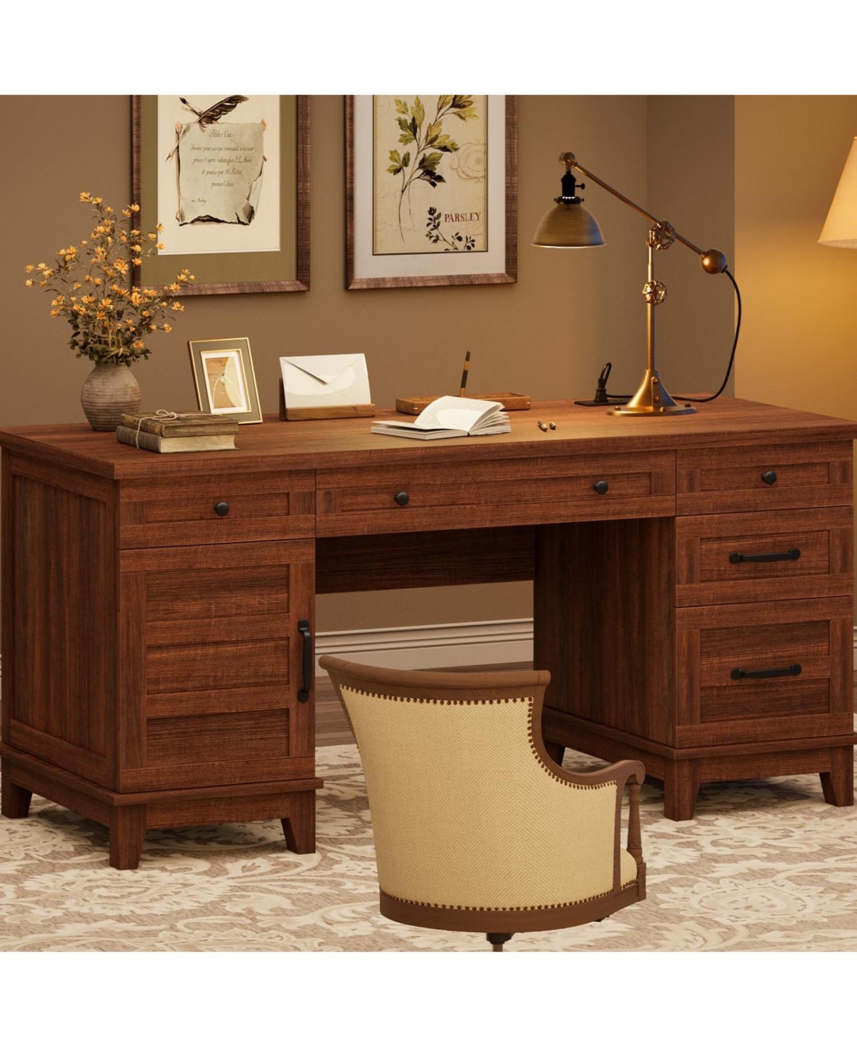 Gaomon 60" Farmhouse Executive Desk with File Drawers, Charging Station, Cabinet Storage, Home Office Computer Writing