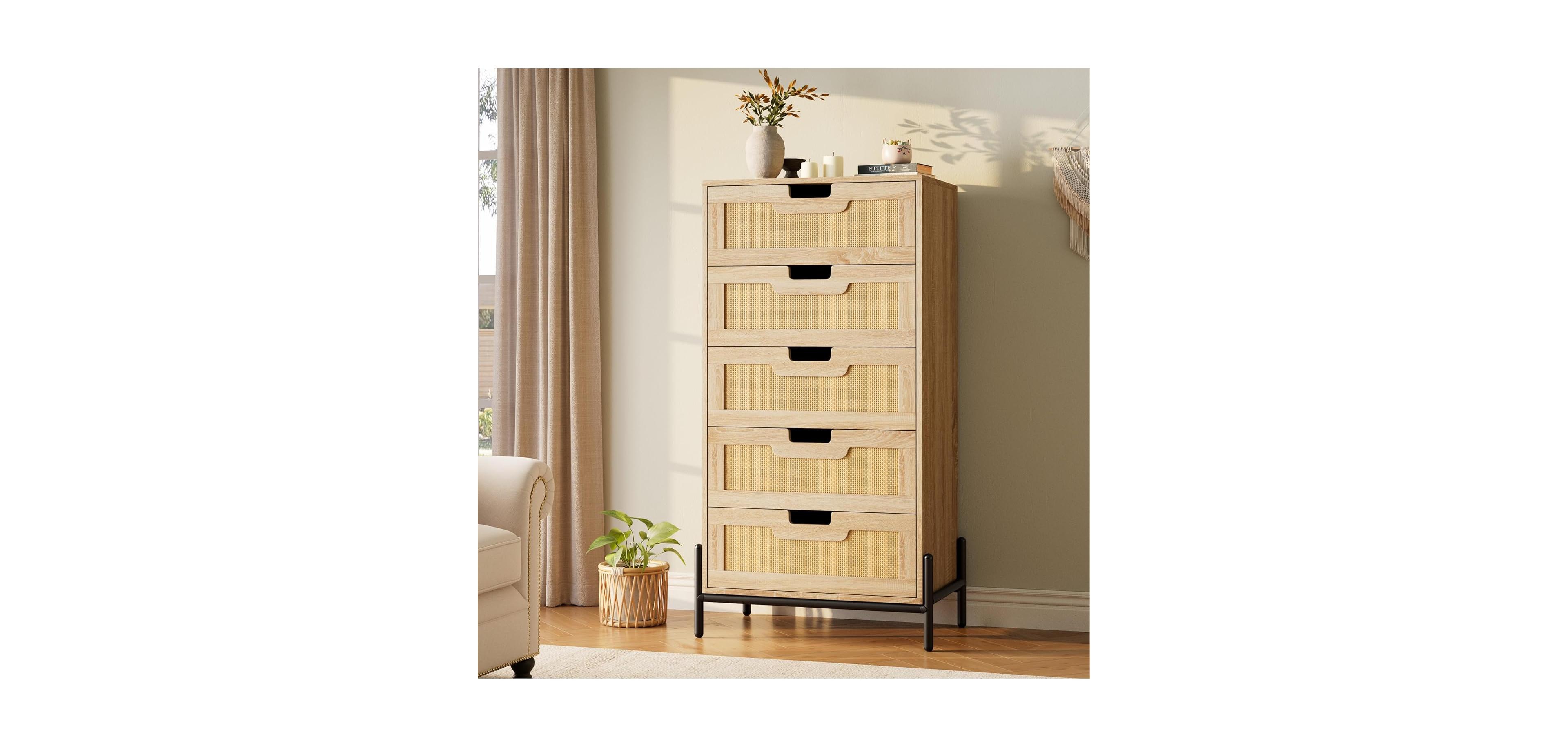 Gaomon 5-Drawer Rattan & Wood Farmhouse Cabinet with Metal Legs – Modern Dresser