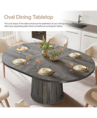 Oval Dining Table for 6 People, 55.11-Inch Farmhouse Kitchen Dinner Table with Cylindrical Pedestal (Grey)