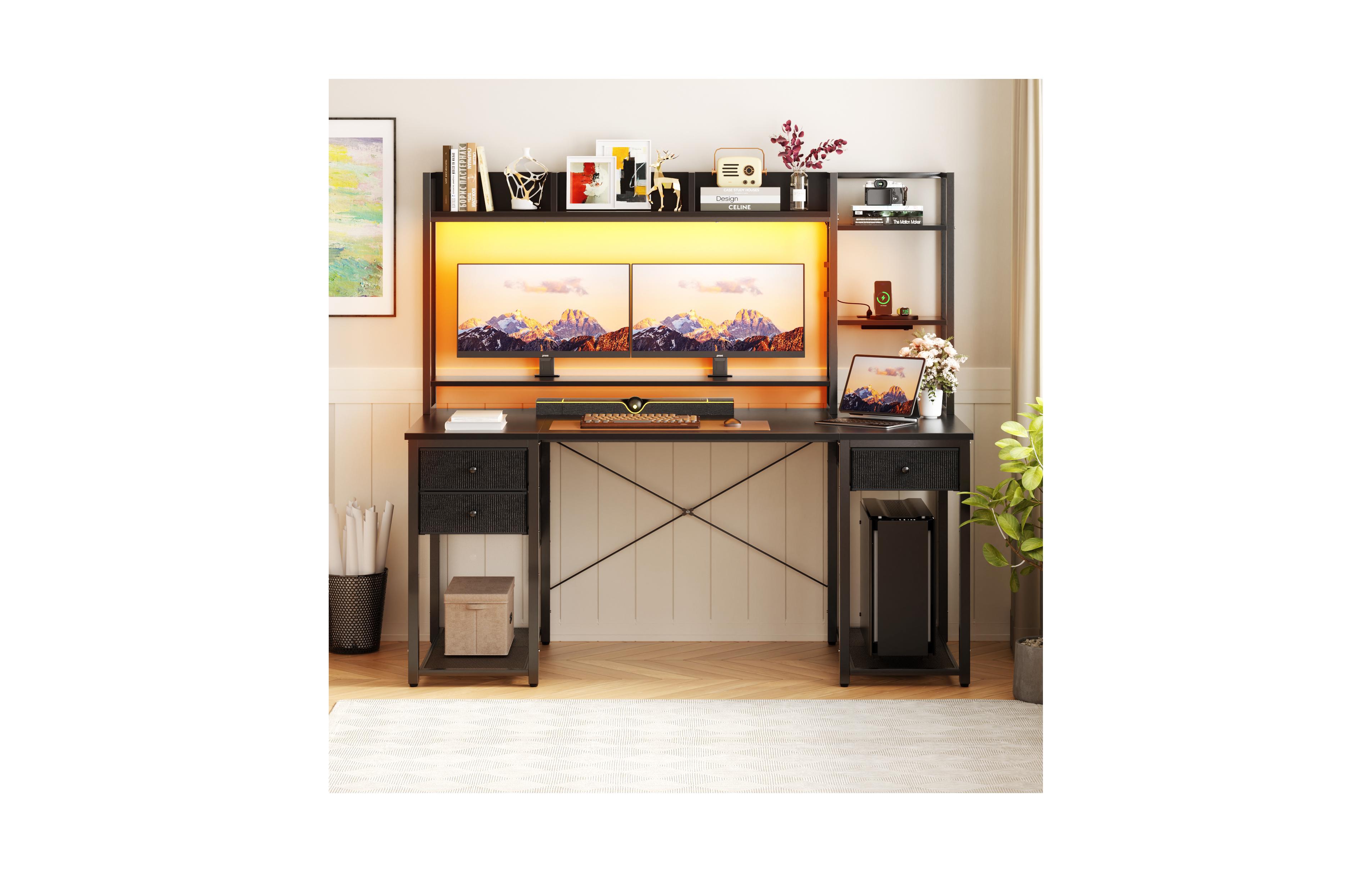 Aheaplus 47-55 inch Computer Desk with 3 Drawers and Storage Shelves