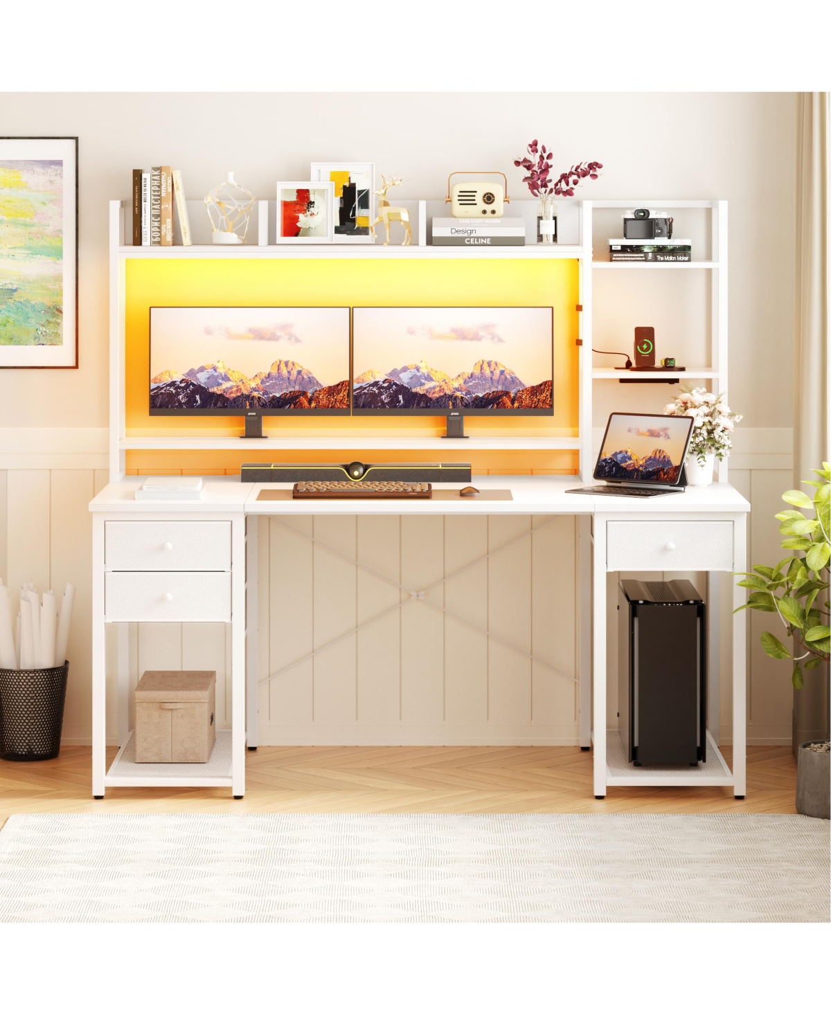 Aheaplus 47-55 inch Computer Desk with 3 Drawers and Storage Shelves