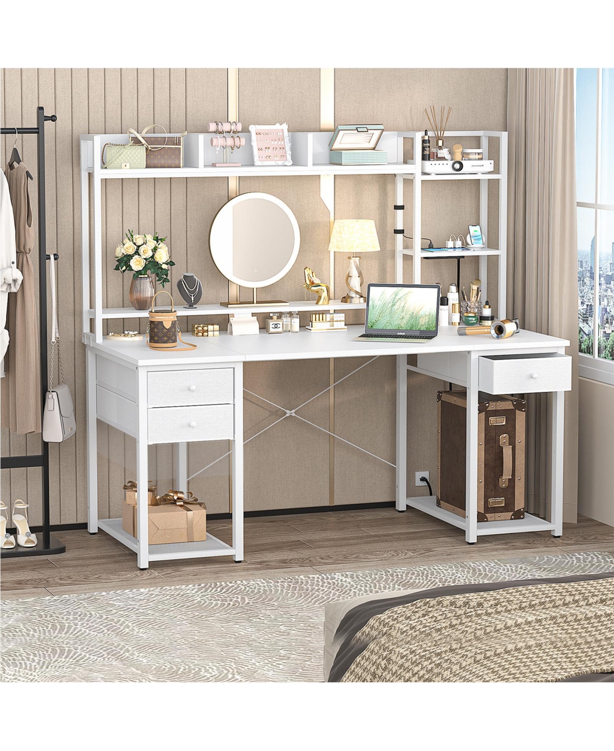 Aheaplus 47-55 inch Computer Desk with 3 Drawers and Storage Shelves