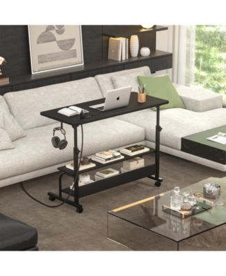 Small Height Adjustable Standing Desk with Power Outlets and Shelves, Max Height 41 Inches