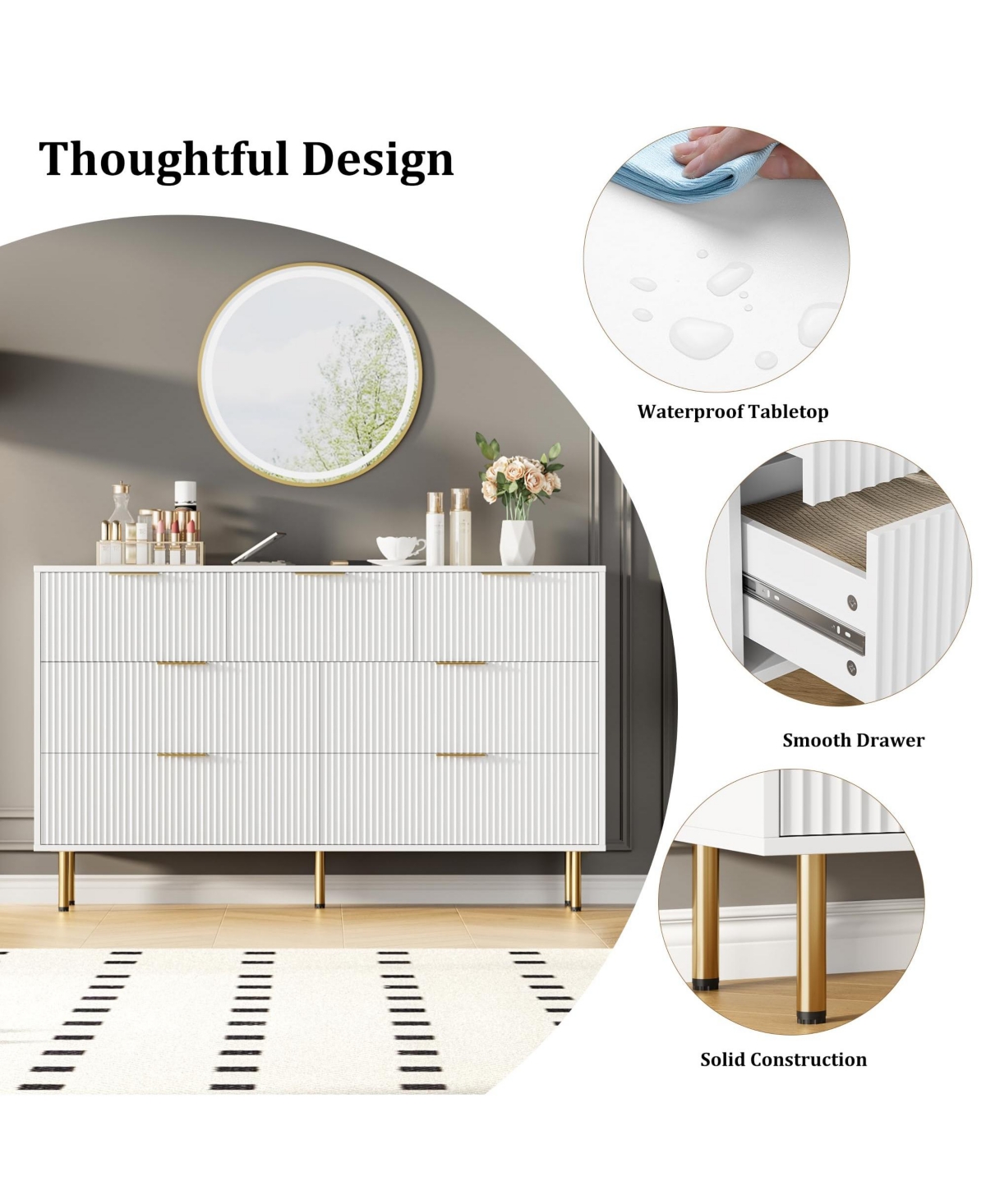 Gaomon Fluted Wood Dresser 7 Drawers Dresser for Bedroom, Large Modern Dresser with Gold Handle