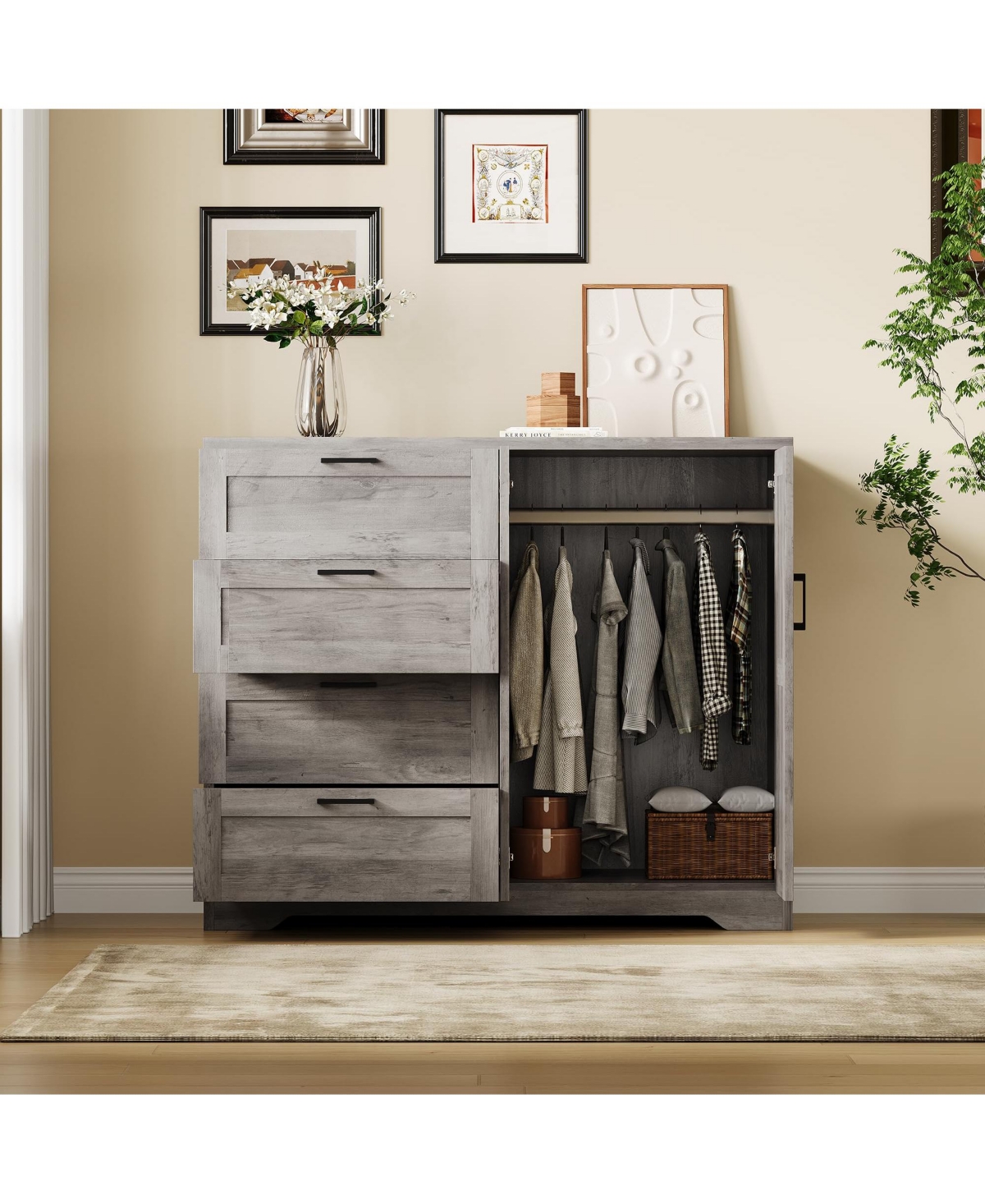 gaomon 43.3'' H Armoire Wardrobe Closet with 4 Drawers and 2 Doors, Hanging Rod