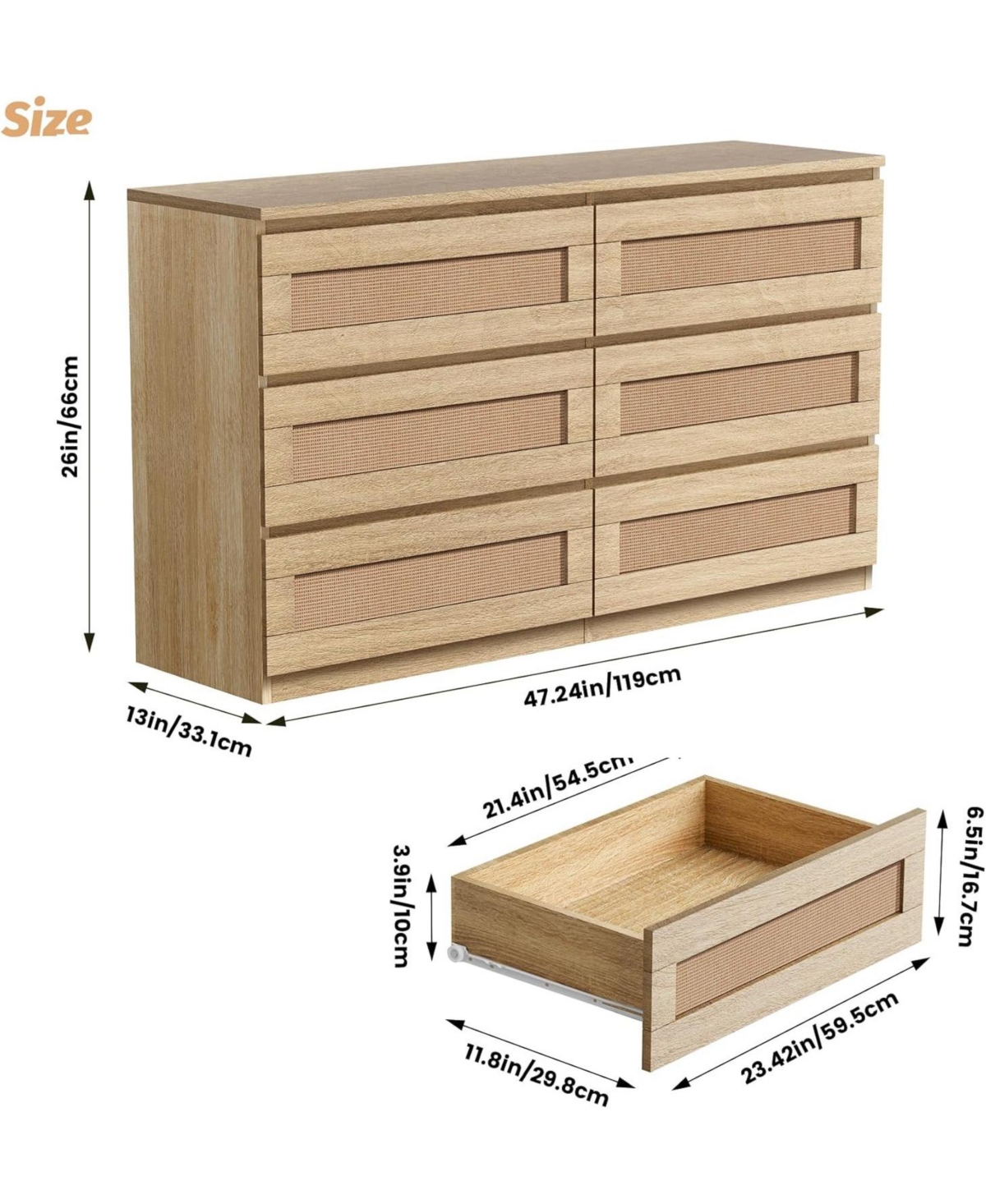 gaomon Rattan 6-Drawer Bedroom Dresser, Wide Wood Chest with Smooth Slide Rails and Anti-Tip Kit