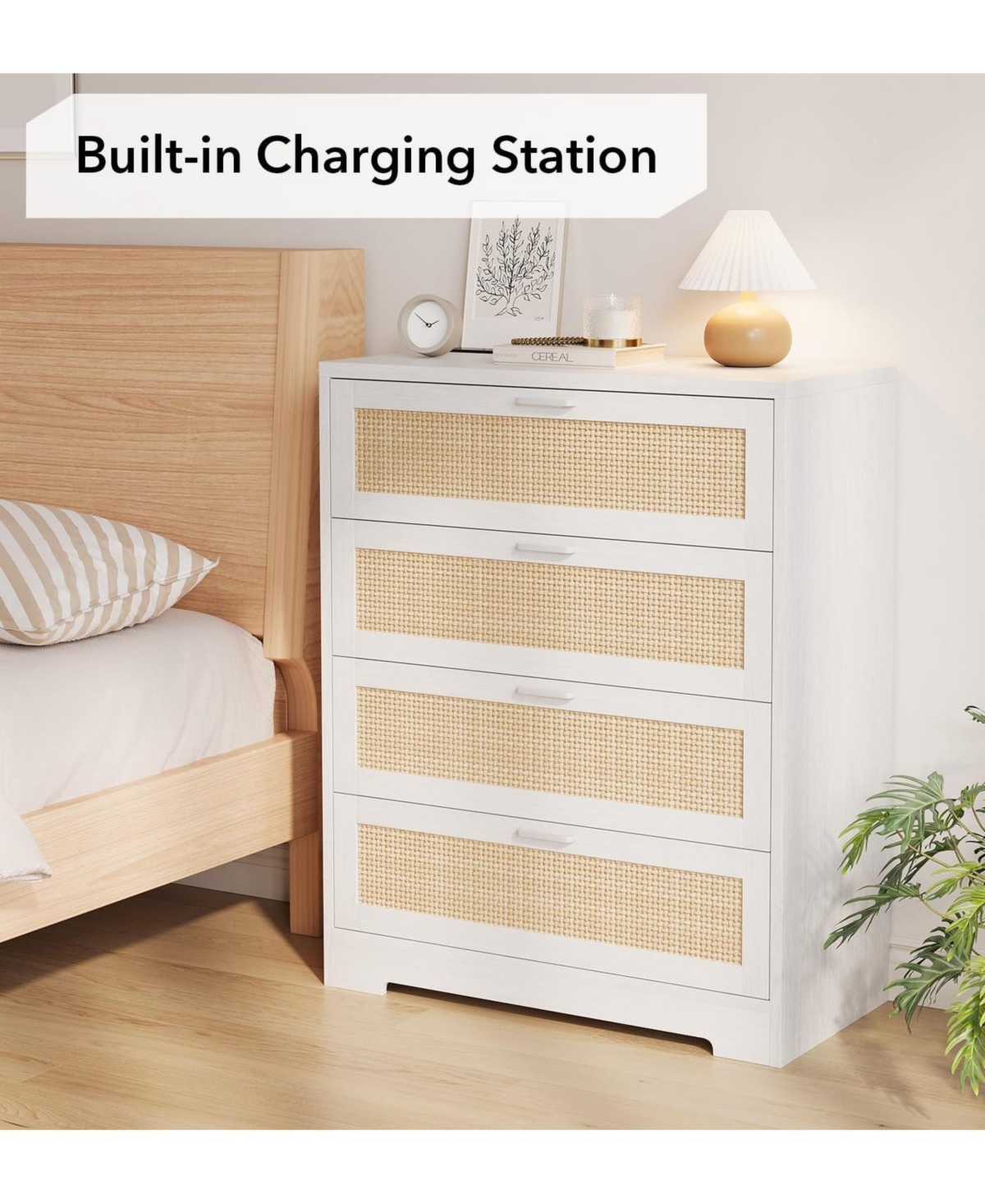 Gaomon Modern Rattan 4-Drawer Wood Dresser with Power Station, Tall Storage Chest for Bedroom, Hallway, Entryway, or Living Room