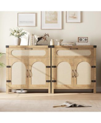 Rattan Sideboard Buffet Cabinet with Drawer, Farmhouse Kitchen Accent Storage, Boho Wooden Coffee Bar Console