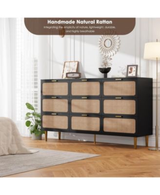 9-Drawer Natural Rattan Bedroom Dresser, Tall Modern Chest with Deep Drawers
