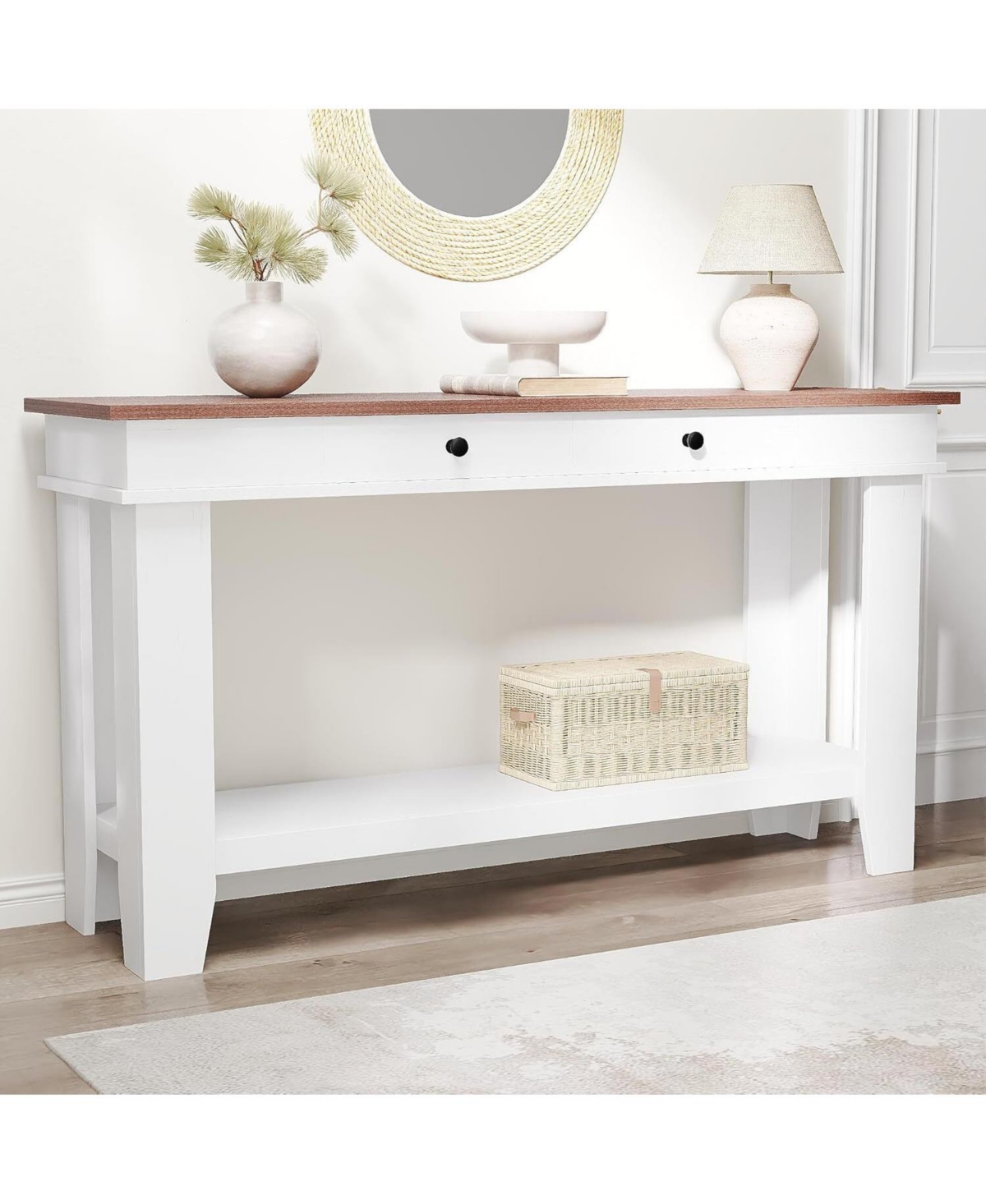 gaomon 54" Long Console Table, Wooden Entryway Table with 2 Drawers & Open Storage Shelf, Sofa Table Behind Couch, Farmhouse Entry Foyer Table