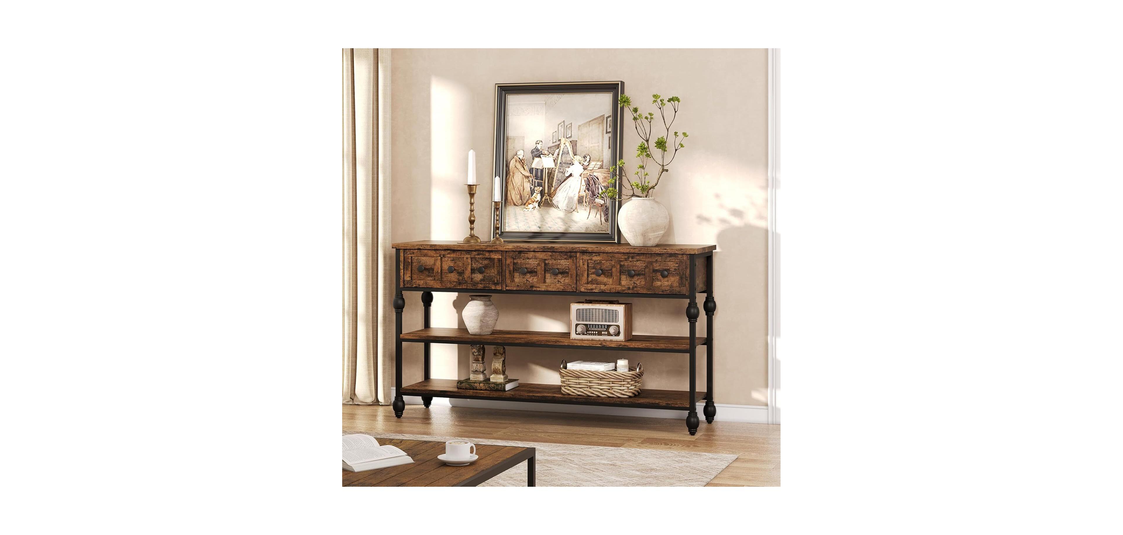 gaomon Console Table Entryway with 3 Storage Drawers, 3-Tier dust rial Metal Sofa Behind Couch Table, Hallway for
