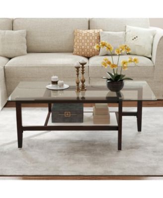 2-Tier Glass Coffee Table w/ Storage Shelf Solid Rubber Wood Legs for Office