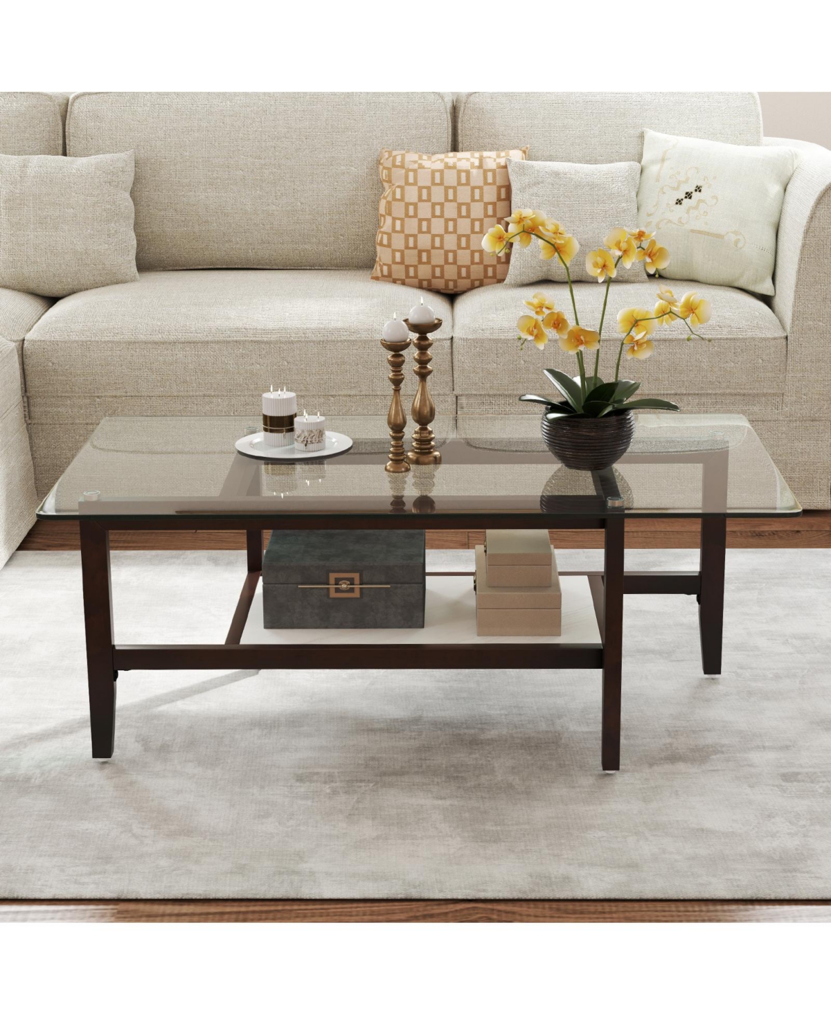 Gymax 2-Tier Glass Coffee Table w/ Storage Shelf Solid Rubber Wood Legs for Office