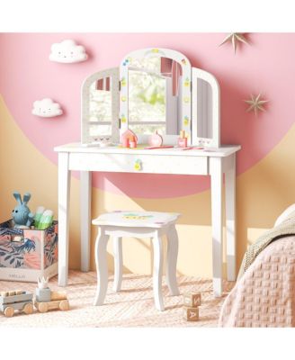 Kids Vanity Table Set Tri-Folding Mirror Pretend Play Dressing Large Drawer