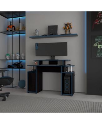 Blue Accent Gaming Desk with Elevated Monitor Shelf and Storage Compartments